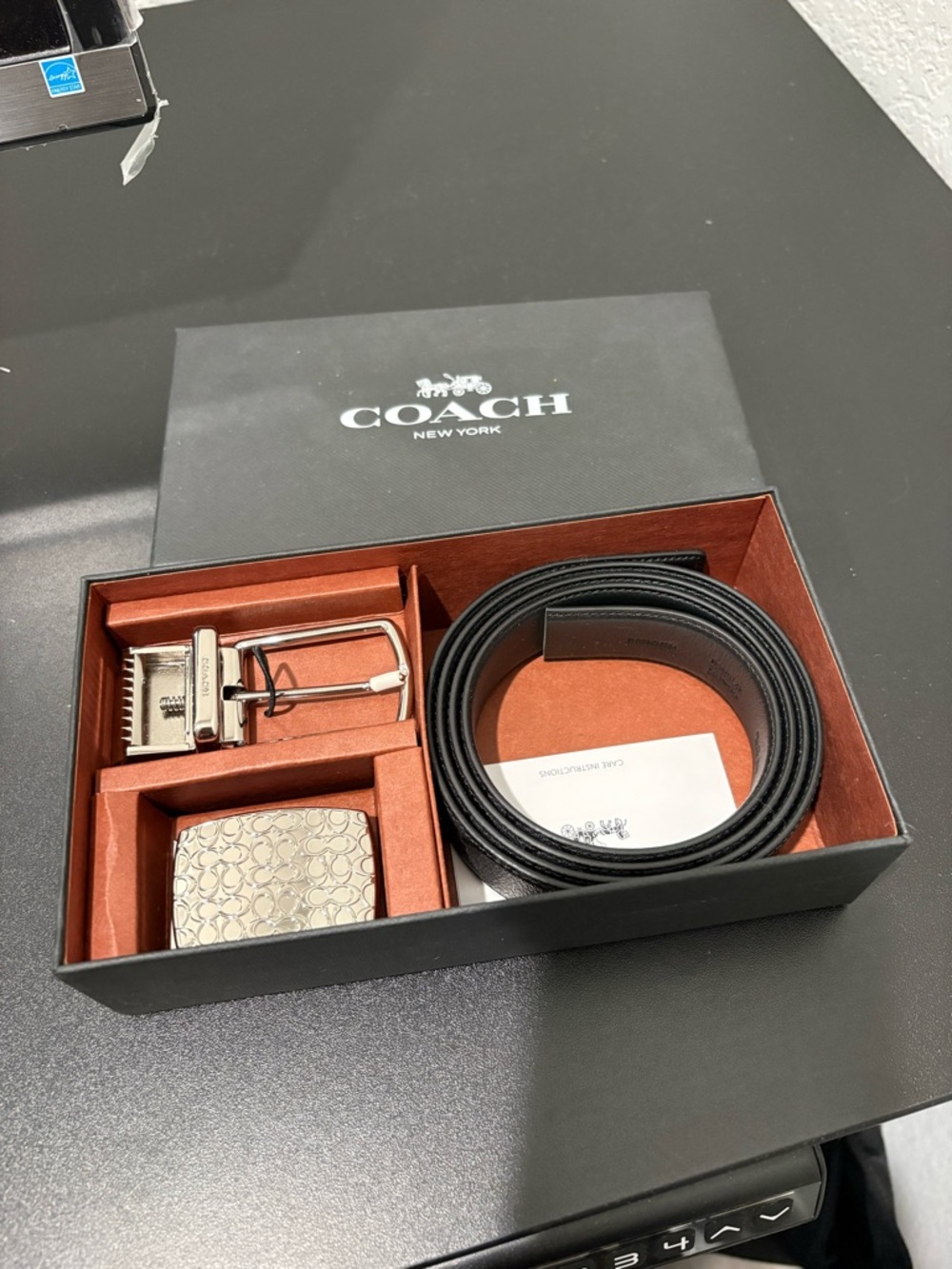 Coach Men's Reversible Black/Brown Leather Belt with Interchangeable Buckles